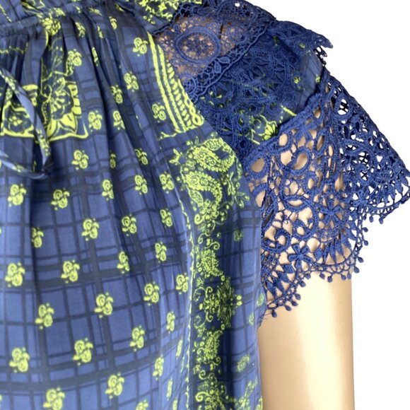 Current Air Anthropologie Top Size XS XSmall Bandana Print Blue Green Lace Sleev - Picture 4 of 10